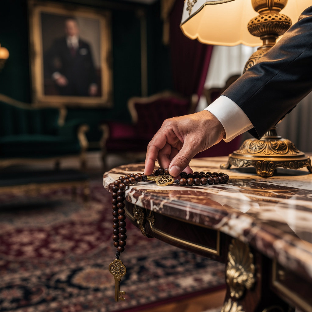 The Ayatollah Suite Grand Bedroom with silk textures and gold thread details